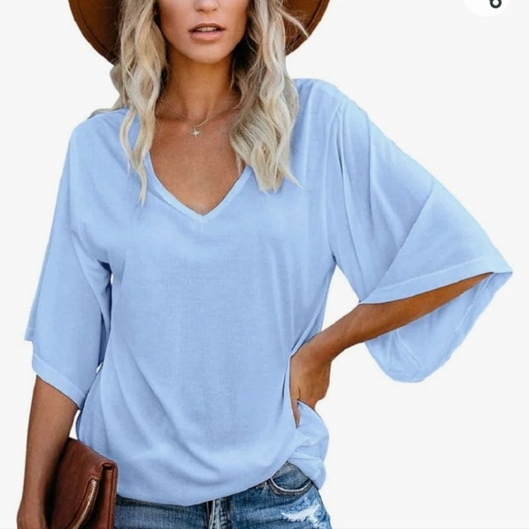 cordat Women's Blouse Tops Loose V Neck 3/4 Bell Sleeve T-Shirt Elbow Length T-S - Picture 2 of 6